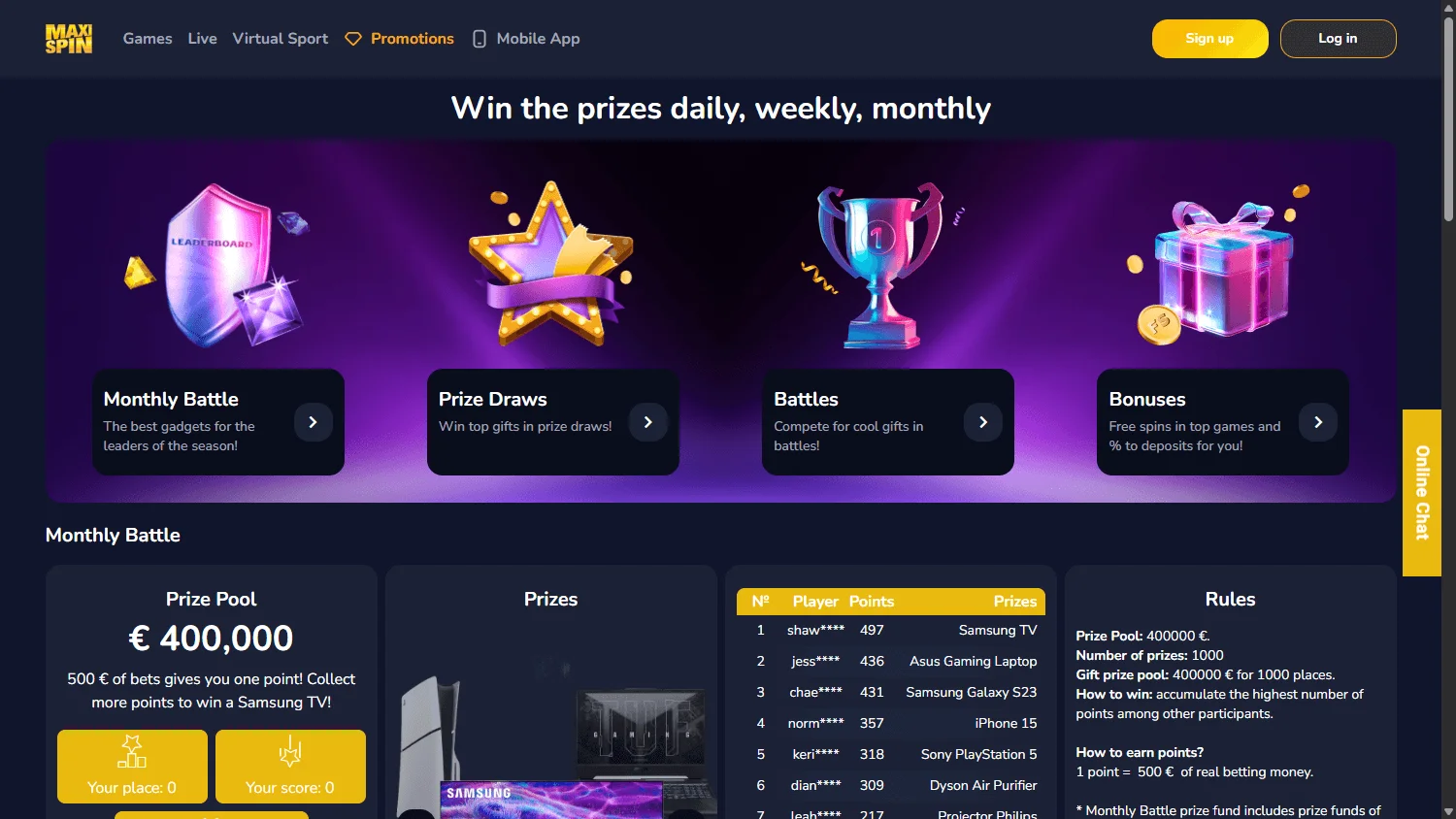 Maxispin Casino desktop promotions